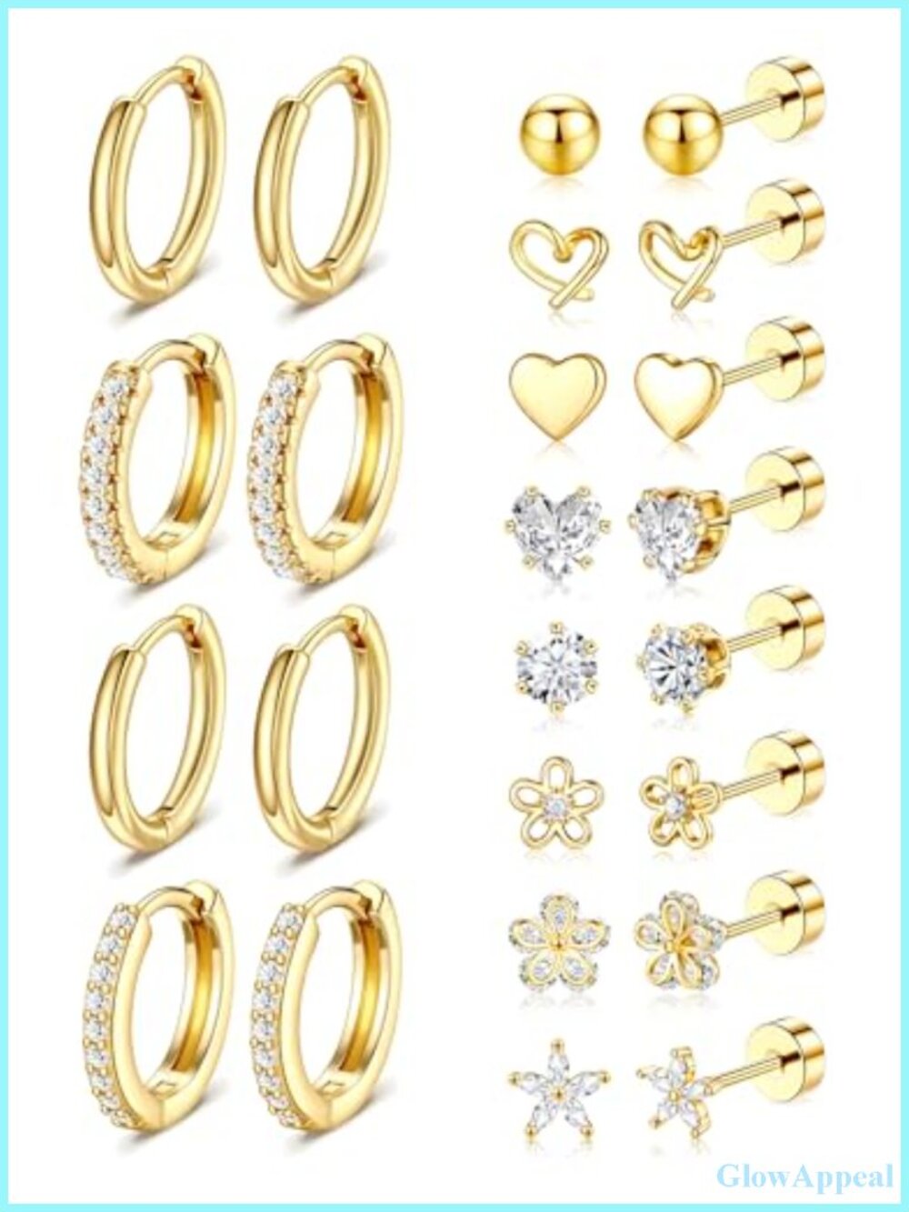 14k Gold Plated Stud & Hoop Earring Set for Sensitive Ears Flat Back Surgical